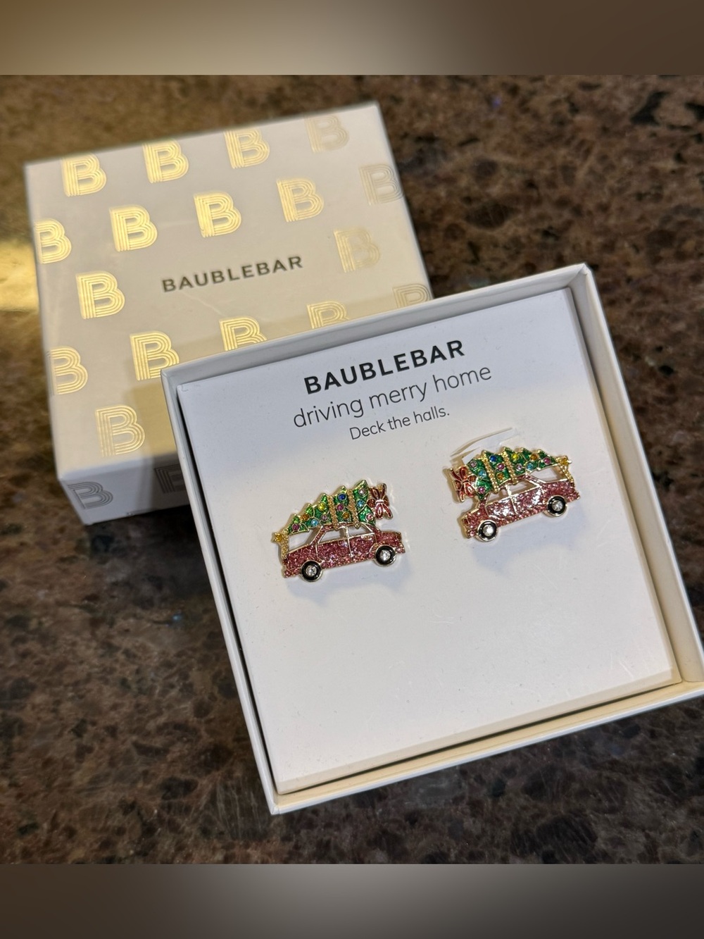 Christmas Earrings Pink Car Christmas Tree Stud Holiday Gift Glittery Baublebar